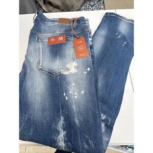Crysp Denim Ripped Repair Dark Wash Splatter Jeans 38x32